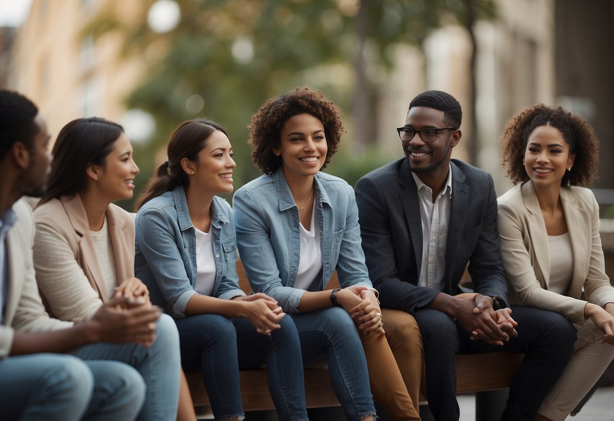 A group of diverse individuals engage in conversation, displaying open body language and attentive expressions. They actively listen and ask thoughtful questions, fostering a sense of empathy and understanding