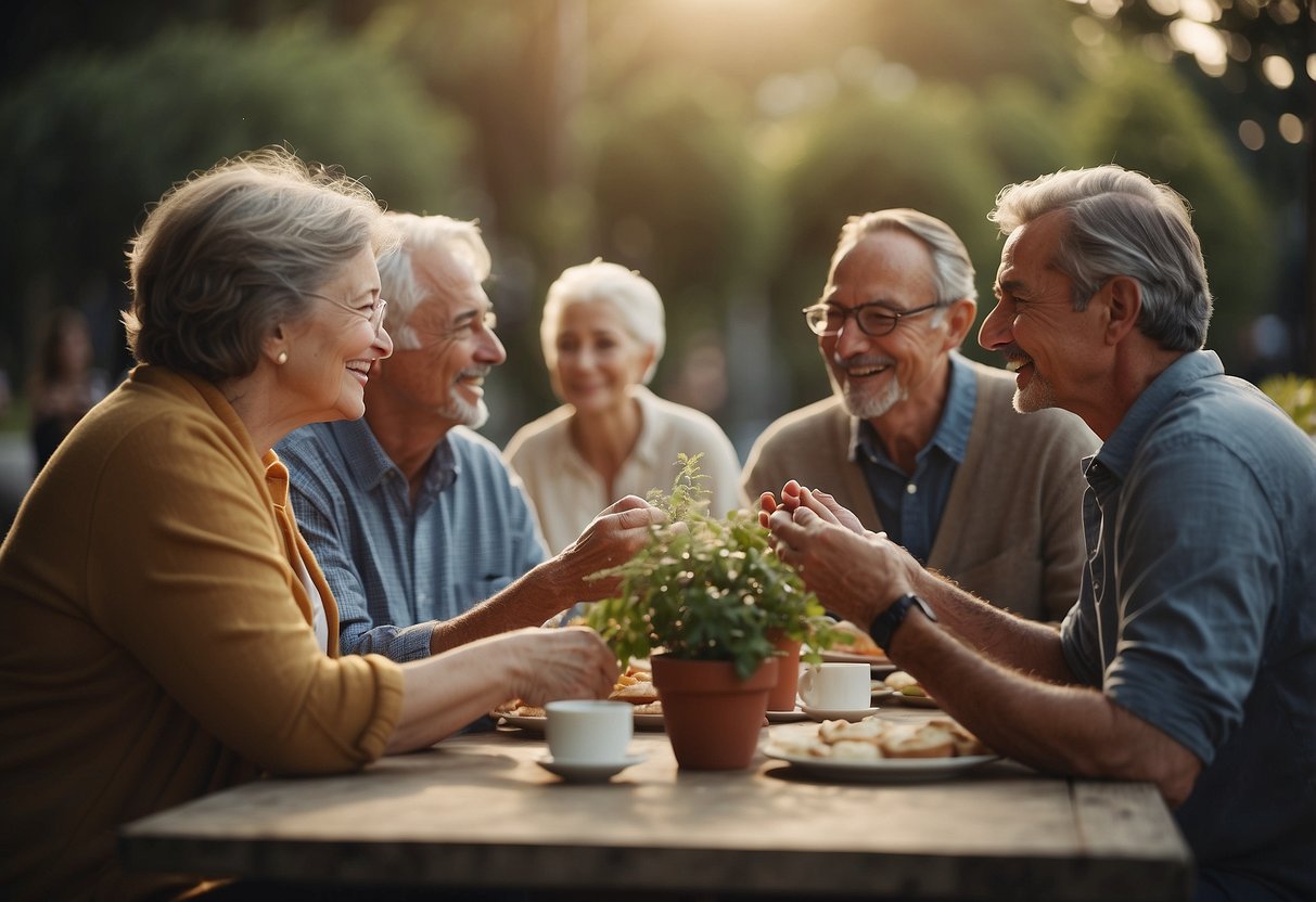 People of different ages and backgrounds engaging in kind, considerate actions towards each other, such as helping, sharing, and listening attentively