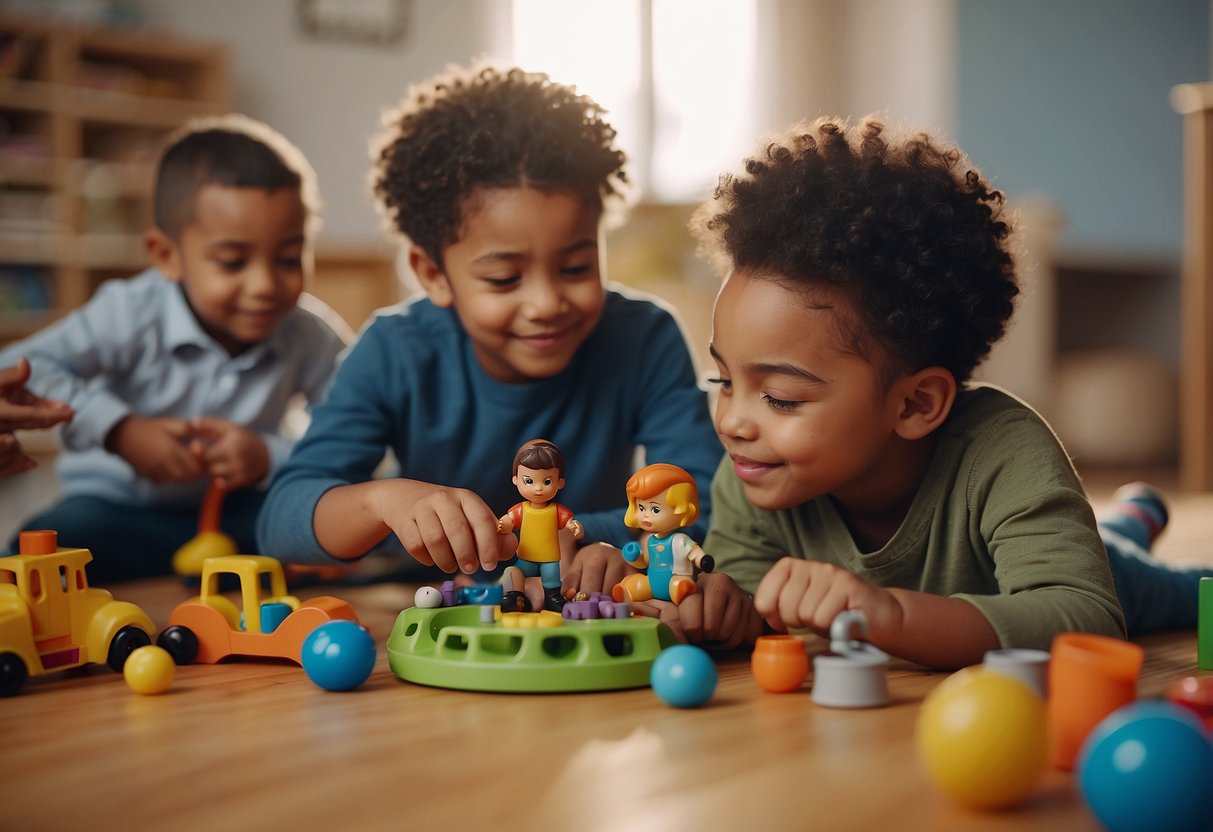 I see a diverse group of children sharing toys and taking turns. They are listening to each other and showing kindness and understanding