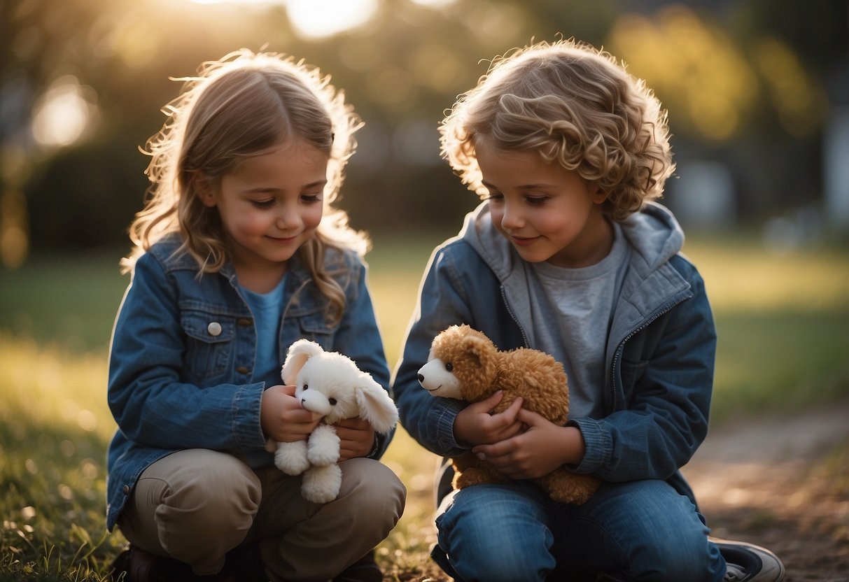 Children sharing toys, comforting a friend, and helping a stranger. A group of animals showing kindness and empathy towards each other