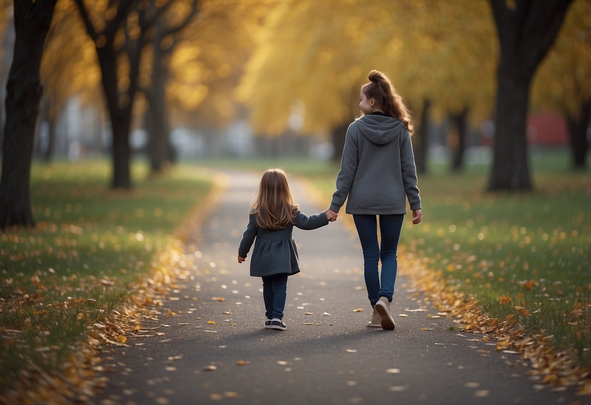 A young girl walks with a sad, lonely figure. She holds its hand and smiles, bringing comfort and companionship