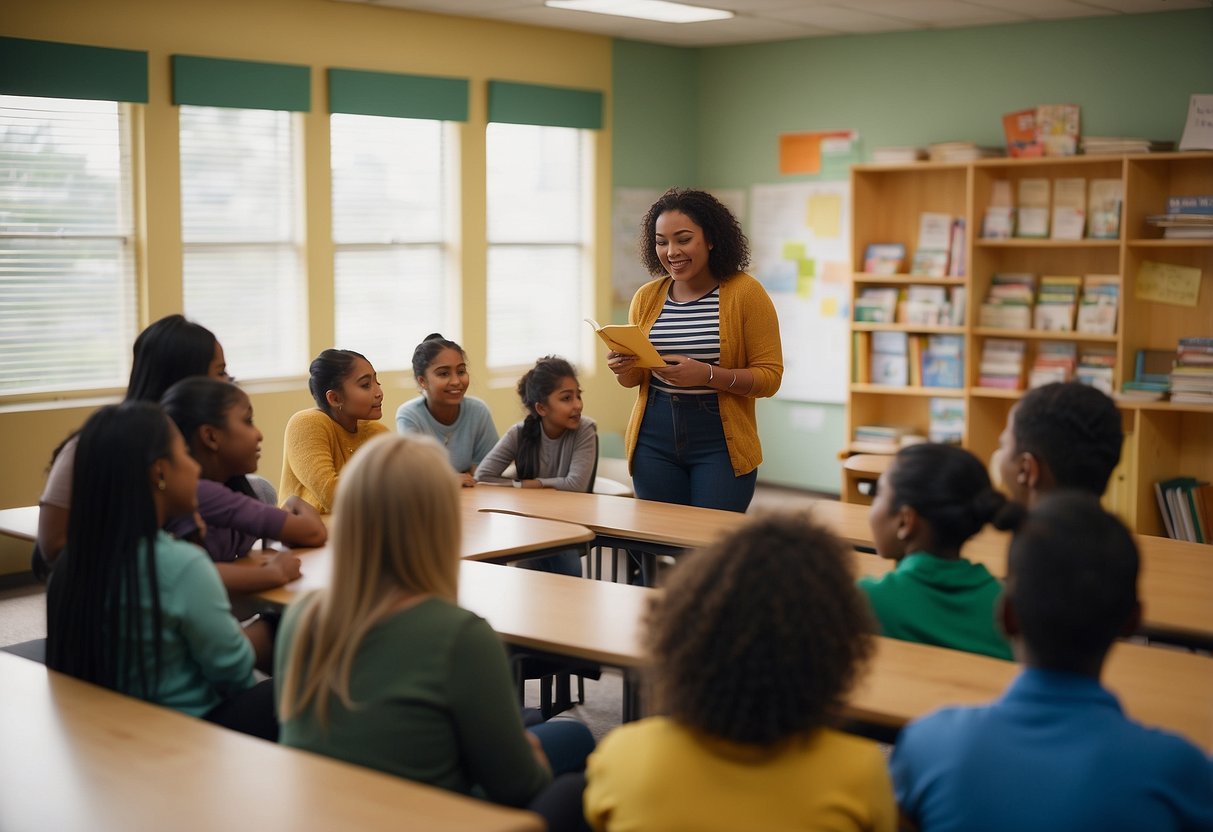 A classroom with diverse students engaged in group activities, using books and visual aids to learn about compassion and empathy