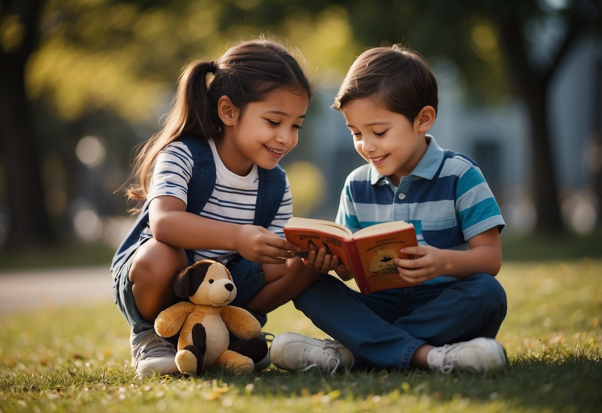 Children sharing toys, comforting a friend, and listening to others' feelings. Reading books about different cultures and volunteering to help those in need