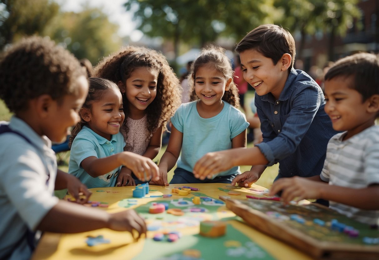 Children playing games, reading books, and creating art at community events. Smiling faces and laughter fill the air as they engage in activities promoting empathy