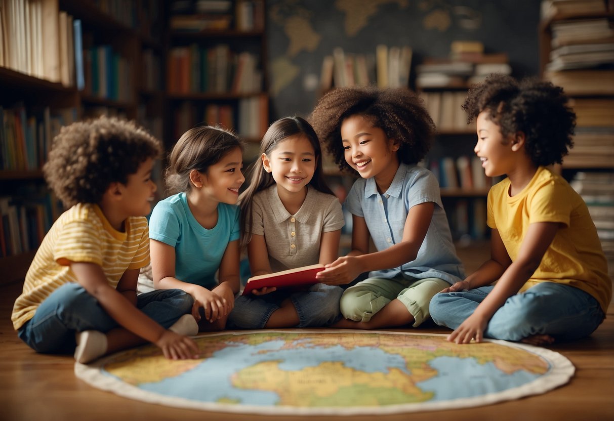 Children sitting in a circle, surrounded by books with diverse cultural themes. A globe and map on the wall. A diverse group of children reading and discussing stories