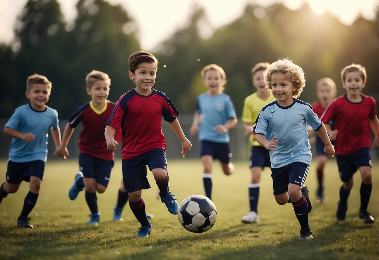 Children playing soccer, passing the ball and cheering each other on. A group of kids working together to achieve a common goal