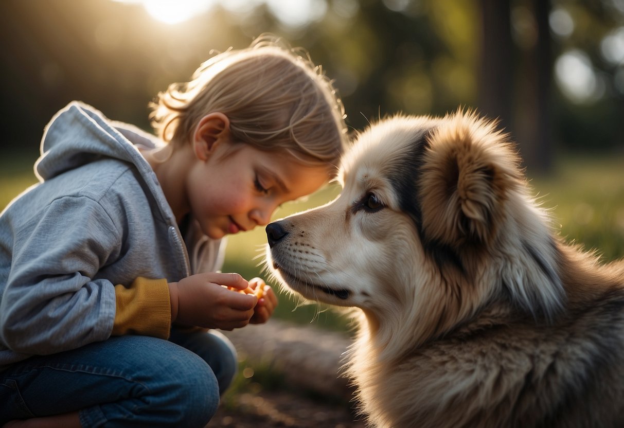 A child gently strokes a pet's fur, while feeding it and playing together, showing care and empathy