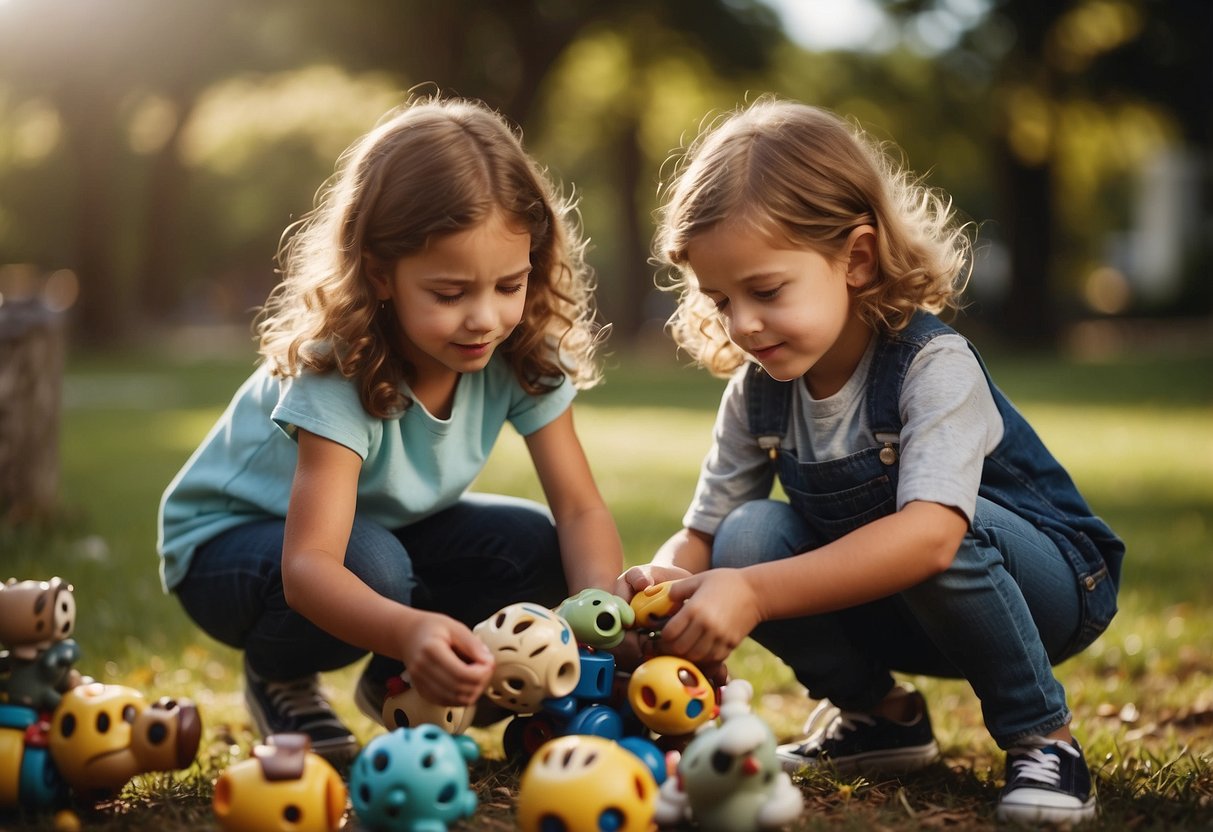 Children playing together, sharing toys and taking turns. A child comforting a friend who is upset. A group working together to solve a problem