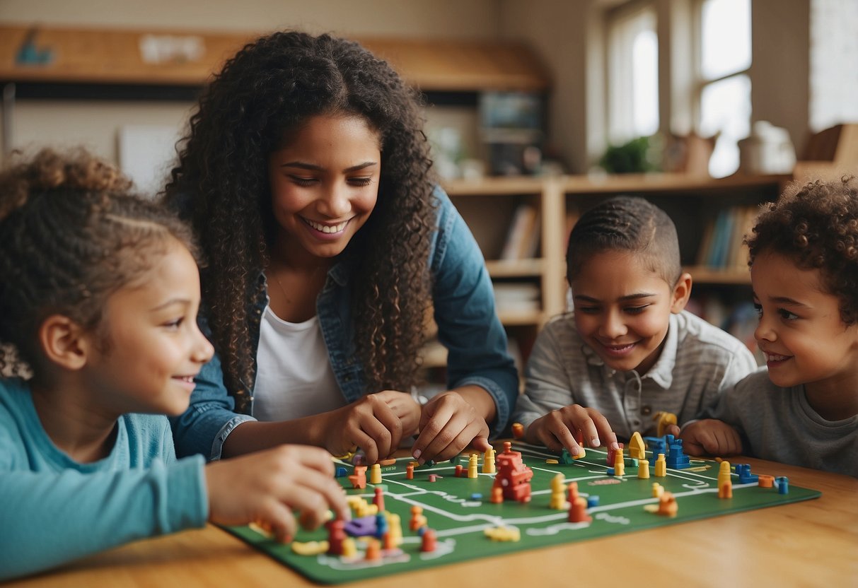 Children of various ages engage in activities like sharing, listening, and helping others. They play games, read books, and work on collaborative projects, fostering empathy