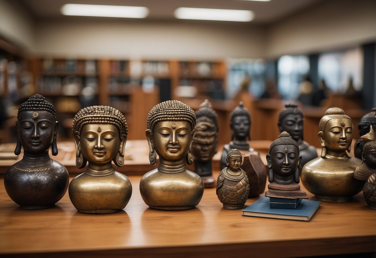 A classroom with diverse cultural artifacts on display, books on history, and posters illustrating the differences between cultural appreciation and appropriation