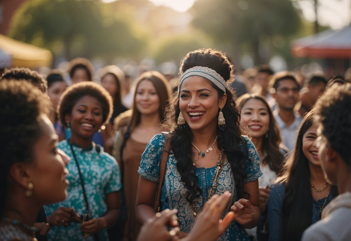 A diverse group of people attending a cultural event, engaging in activities like dancing, music, and art to teach children about cultural appreciation