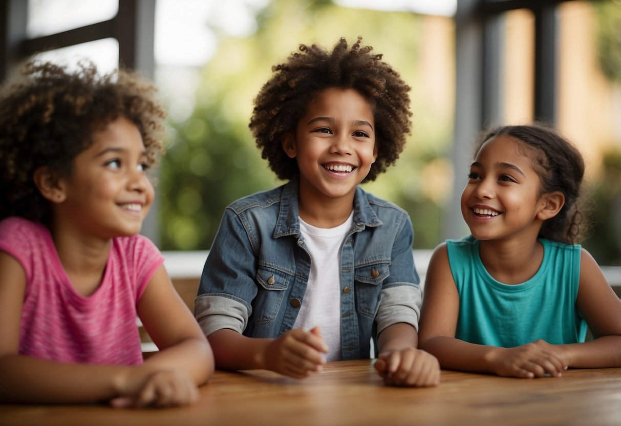 A diverse group of children engage in open conversation, sharing and learning about different cultures in a respectful and appreciative manner