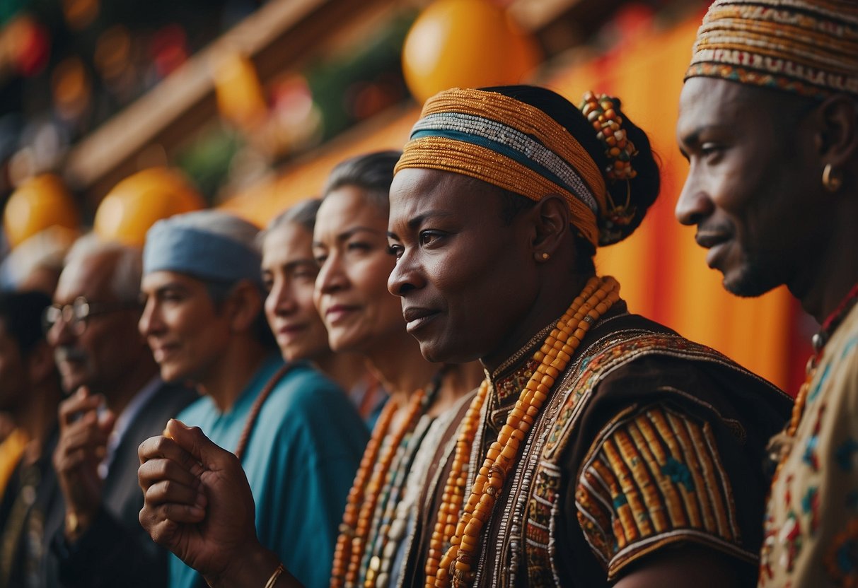 A diverse group of people sharing their cultural traditions with respect and understanding. Displaying symbols, music, and art from different cultures