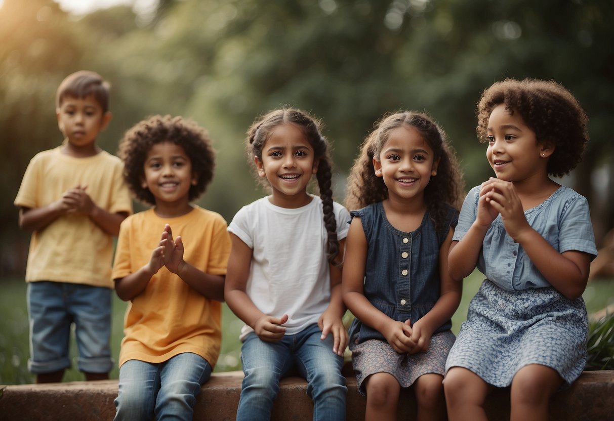 A diverse group of children playing together, some looking uncomfortable or confused, while others show empathy and understanding. Cultural symbols and artifacts are present in the background