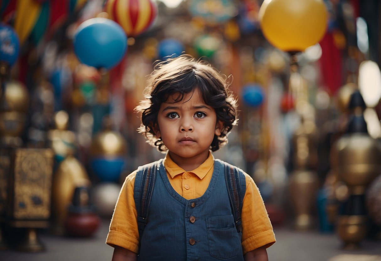 A child standing in front of various cultural symbols, looking confused and unaware. Symbols include flags, religious icons, and traditional artifacts