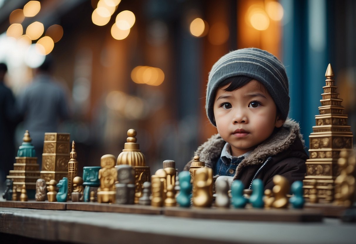 A child surrounded by diverse cultural symbols, unaware and indifferent