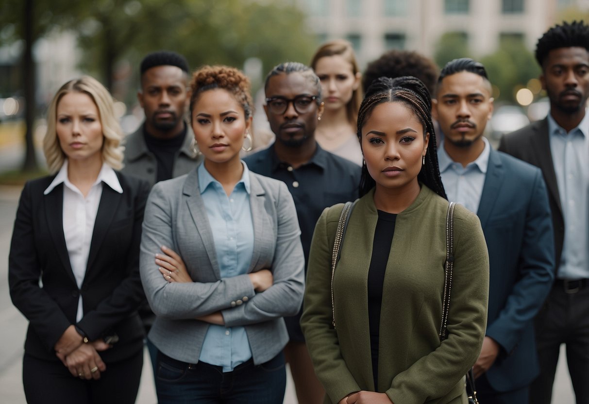 A group of diverse individuals standing together, with one person looking uncomfortable and avoiding eye contact. Surrounding signs indicate the need for learning about cultural sensitivity