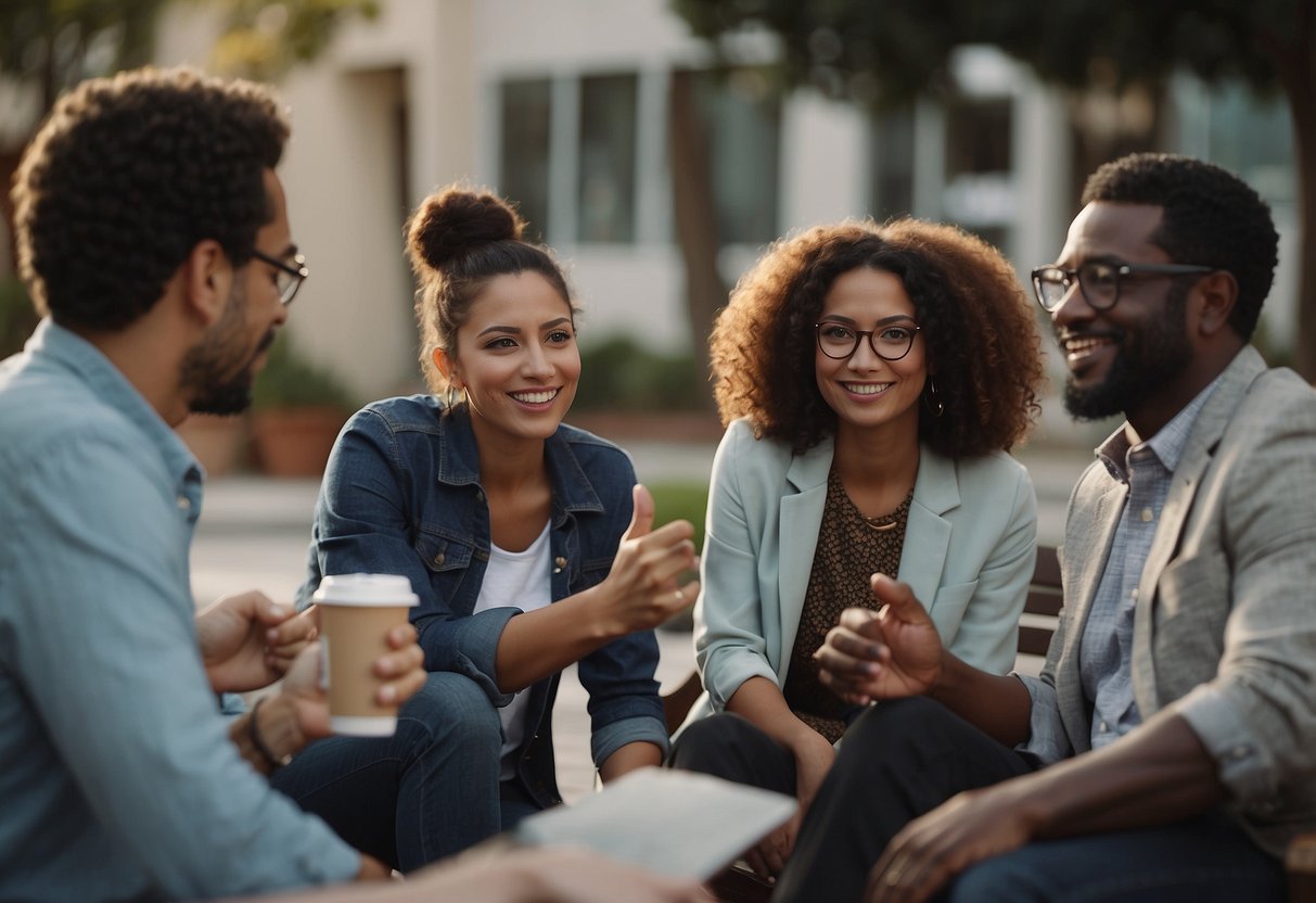 A diverse group of people engage in respectful conversations about different cultures, exchanging ideas and learning from each other