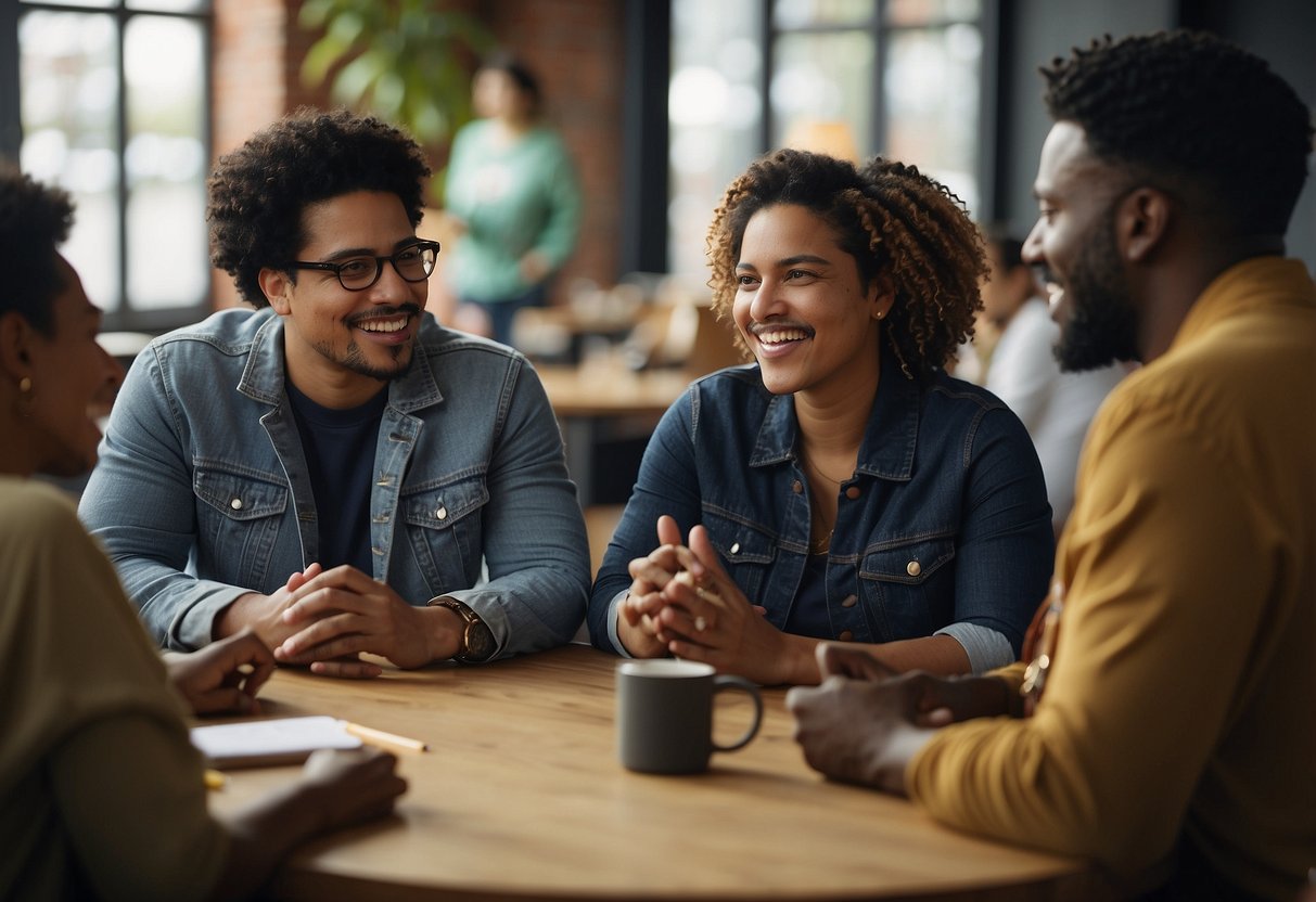 A diverse group of people engage in respectful conversations, exchanging ideas and learning about different cultural perspectives. The setting is a welcoming and inclusive environment, with symbols of various cultures present