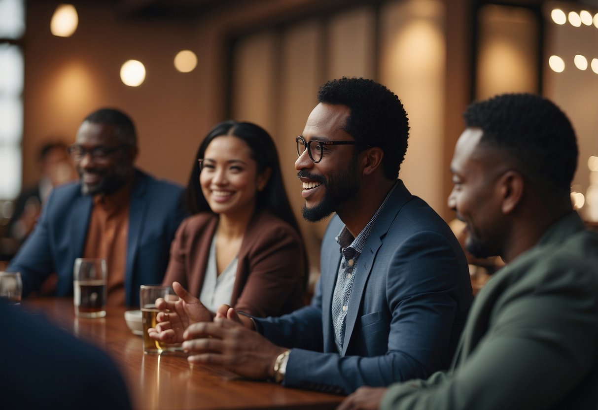 A diverse group of people engaging in respectful conversations, exchanging ideas and learning about different cultures. Symbols and artifacts representing various cultures are displayed in the background