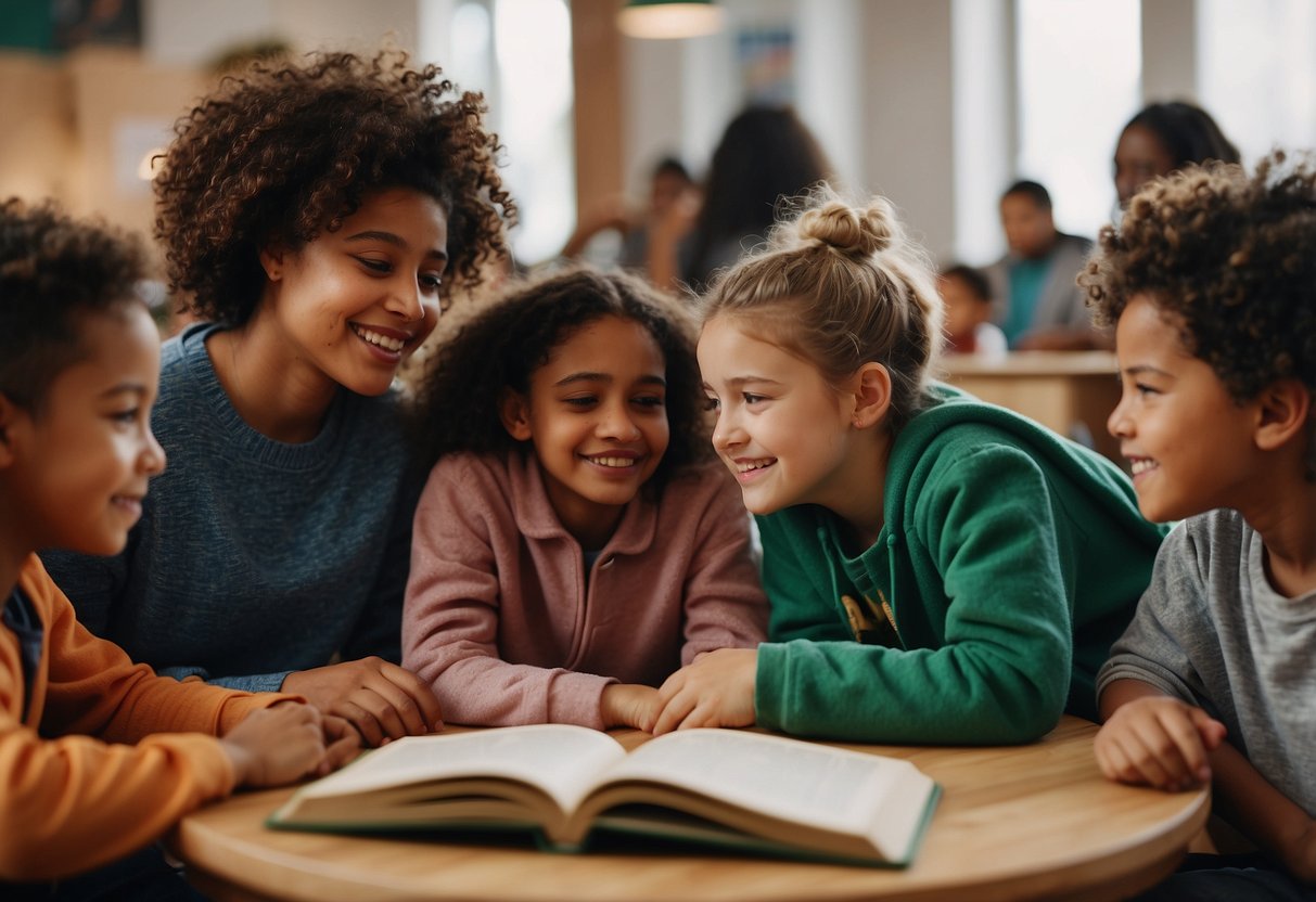 A diverse group of kids sharing and learning about different cultural traditions through books, art, music, and food. They are engaged in respectful conversations and activities, showing understanding and appreciation for each other's heritage