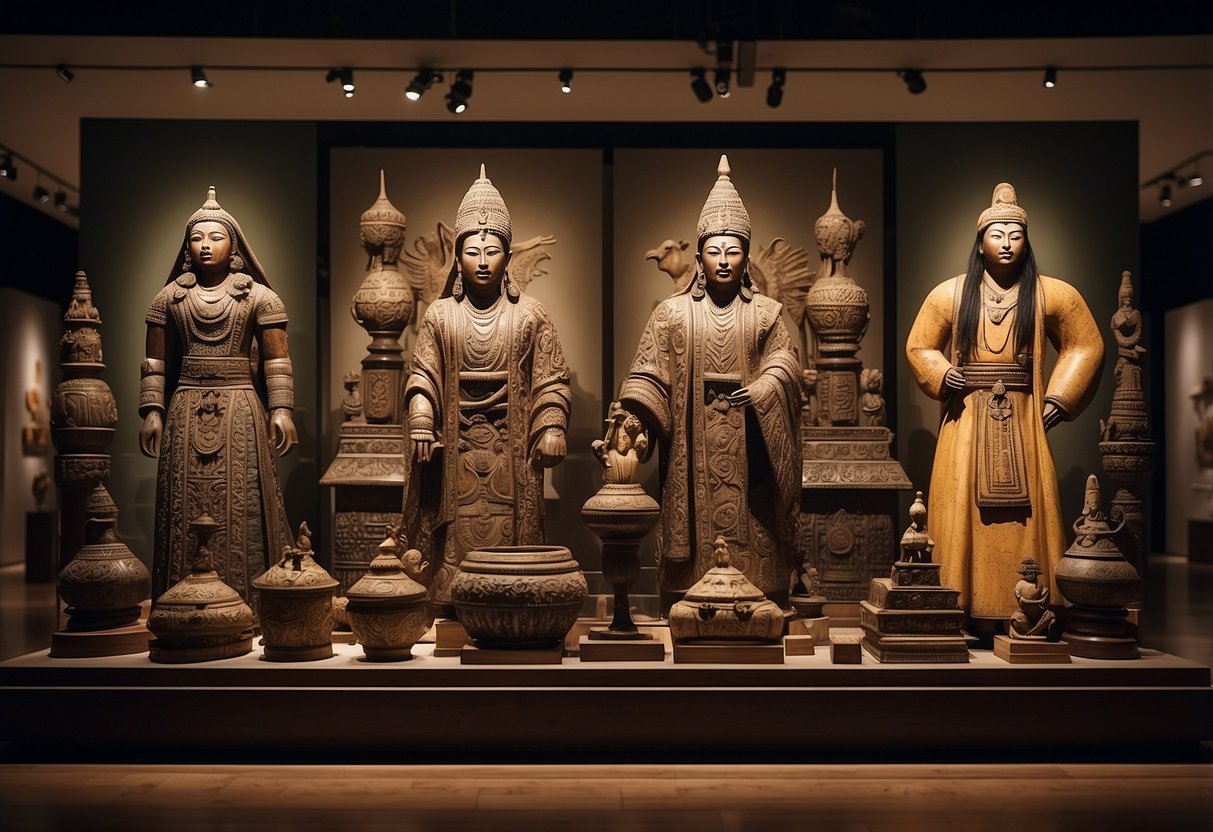 A diverse collection of cultural symbols, such as traditional clothing, religious artifacts, and indigenous artwork, are displayed in a museum setting