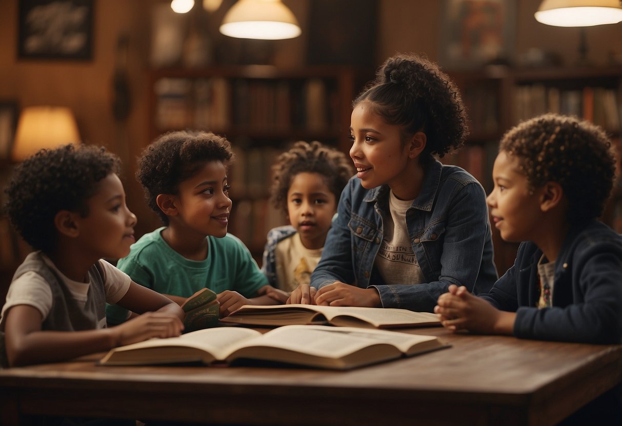 Books and films surround a table filled with diverse cultural artifacts. A group of children eagerly listens to a storyteller, absorbing the lessons on cultural appropriation