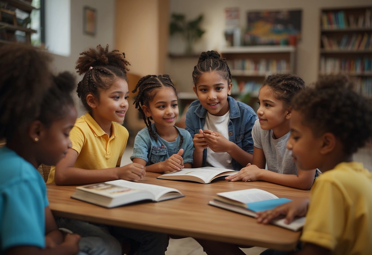 A diverse group of children discussing cultural differences and sharing their perspectives. Books and educational materials on cultural appropriation are scattered around the room