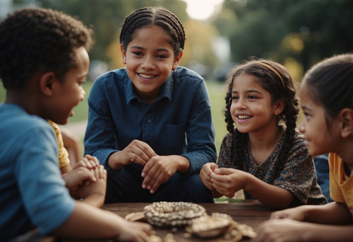 A diverse group of children discussing and sharing cultural traditions, while also learning about the importance of respecting and understanding different cultural practices