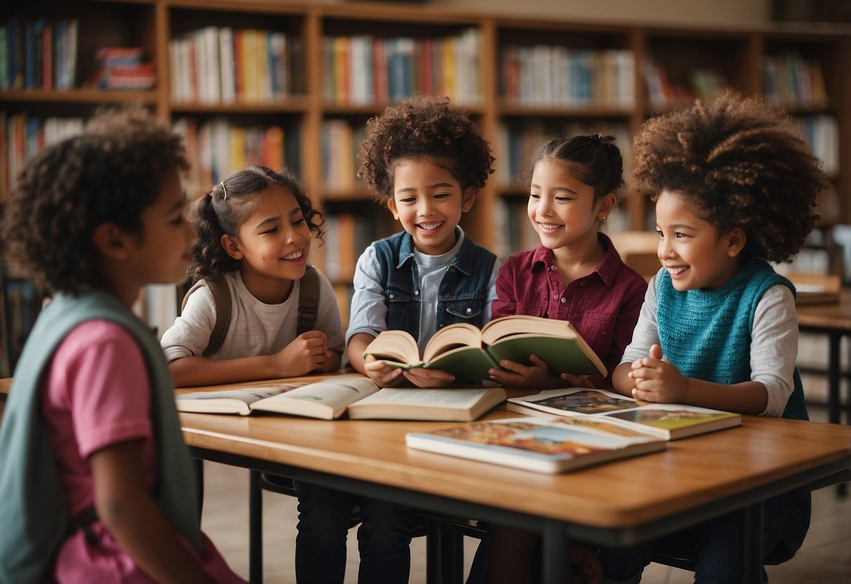 A diverse group of children engage in open dialogue, sharing and learning about different cultures. Books, art, and artifacts from various backgrounds are displayed, fostering understanding and respect