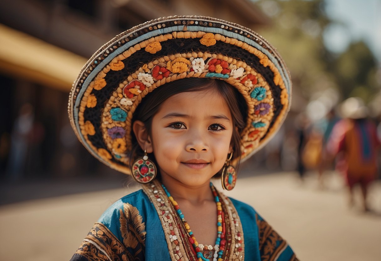 A child surrounded by diverse cultural symbols, like a sombrero, henna tattoos, a kimono, and a Native American headdress