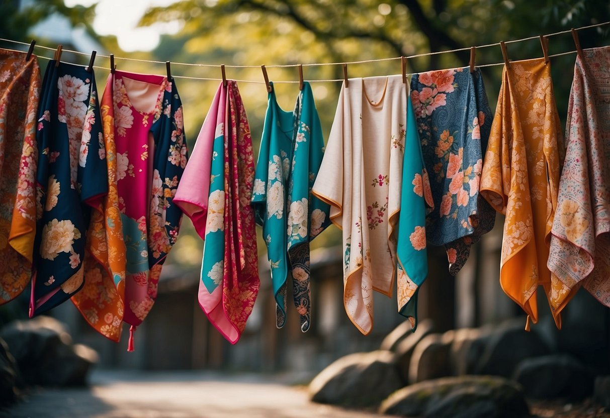 A group of kimonos hung on a clothesline, with vibrant colors and intricate patterns, displayed against a backdrop of traditional Japanese artwork