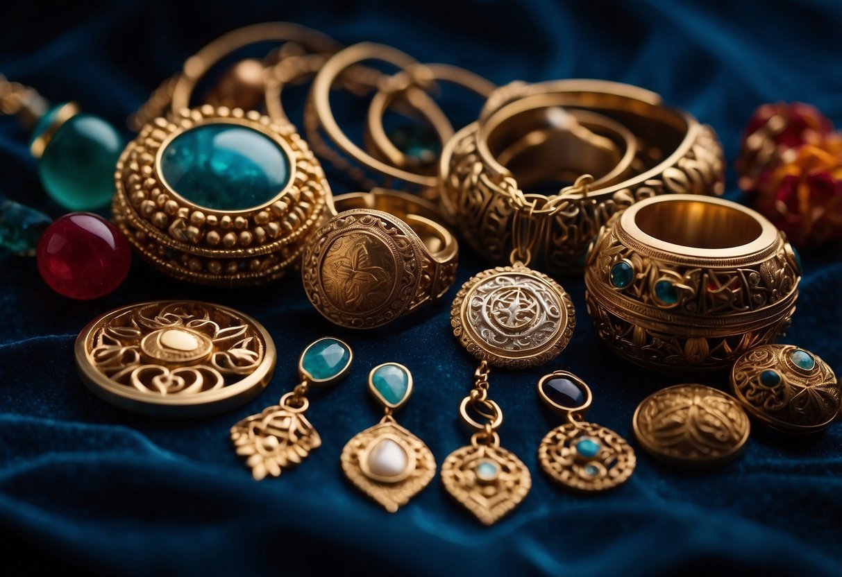 A display of jewelry featuring sacred symbols from various cultures, arranged on a velvet backdrop