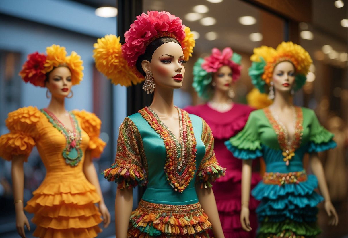 Colorful Carmen Miranda-inspired outfits displayed on mannequins in a fashion store window