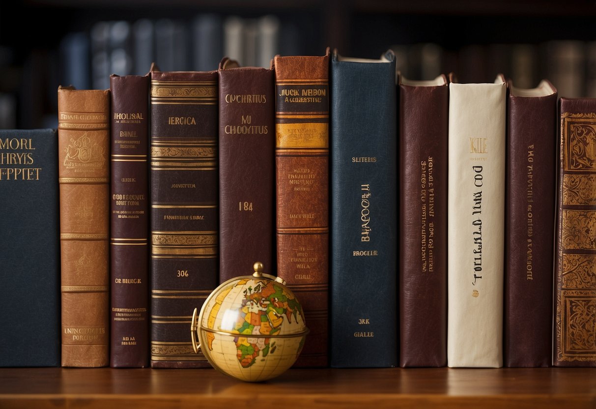 A diverse collection of books arranged on a shelf, each with unique covers representing different cultures and traditions. A globe sits nearby, symbolizing global perspectives