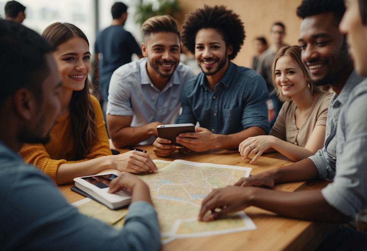 A diverse group of people engaging in cultural activities, exchanging languages, and practicing respectful communication. Books, maps, and technology tools are visible