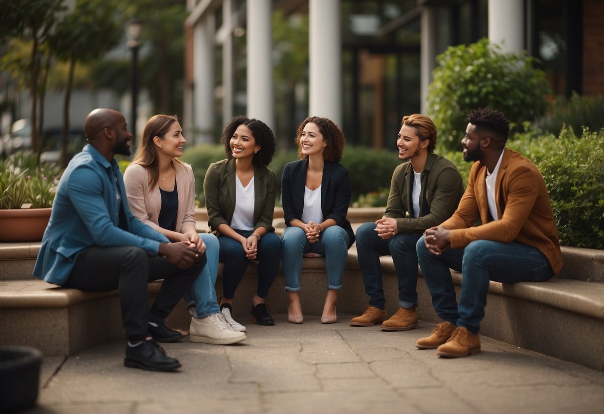 A diverse group sits in a circle, facing each other. One person speaks, while the others listen attentively. The atmosphere is respectful and engaging