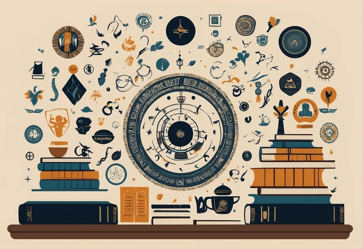 A circle of diverse symbols and artifacts, surrounded by open books and listening ears, representing respectful cultural engagement