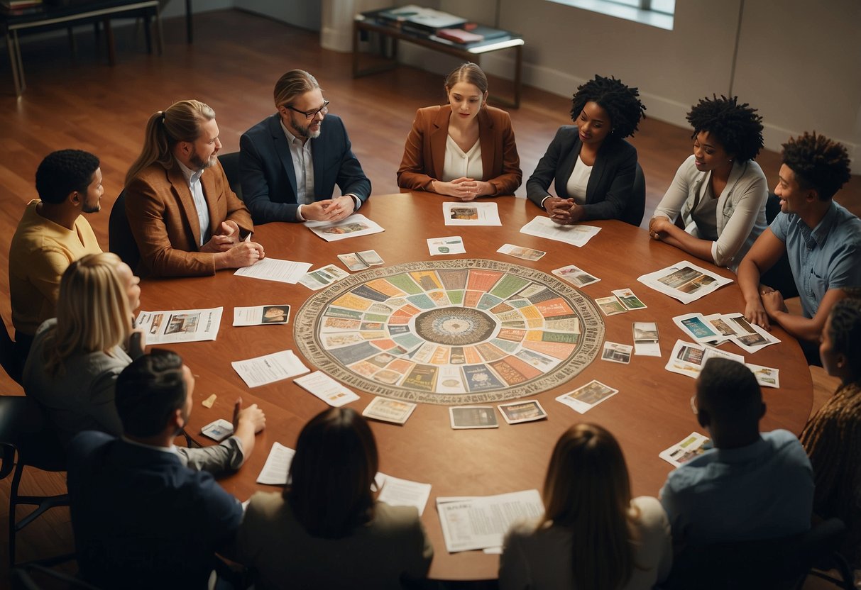 A diverse group sits in a circle, discussing cultural appropriation. Charts and visuals aid the conversation. Books on different cultures are scattered around the room