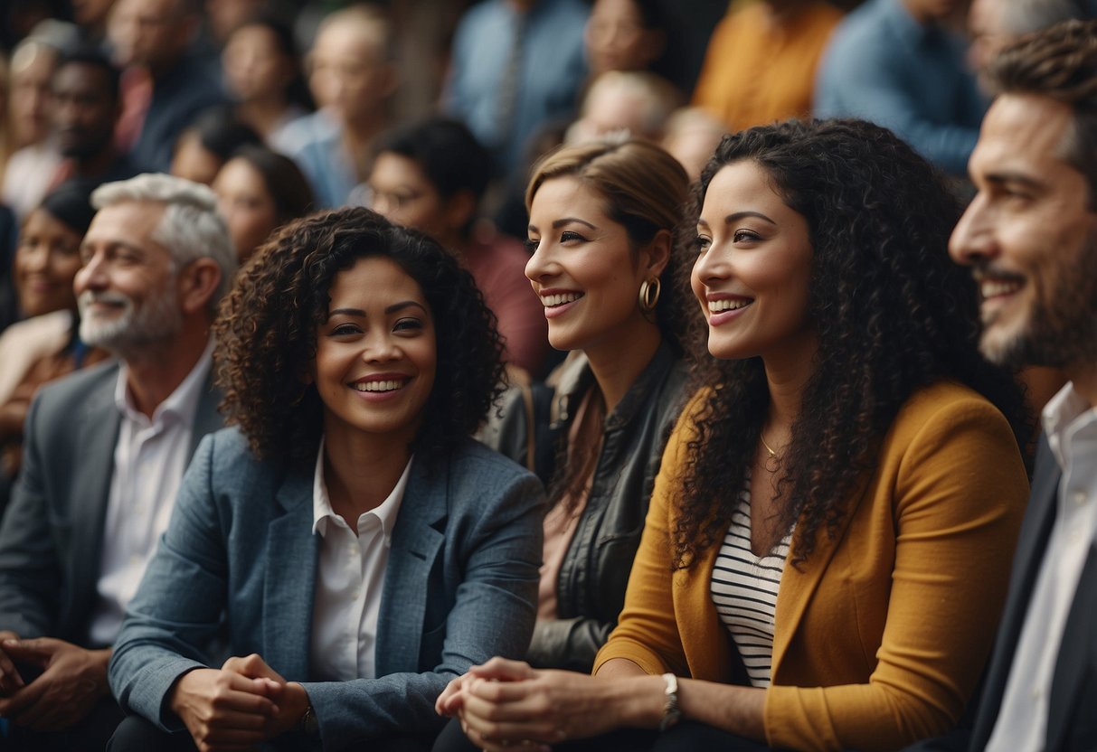 A diverse group of people engage in a respectful dialogue, sharing knowledge and experiences. Symbols of various cultures are displayed, representing mutual understanding and appreciation