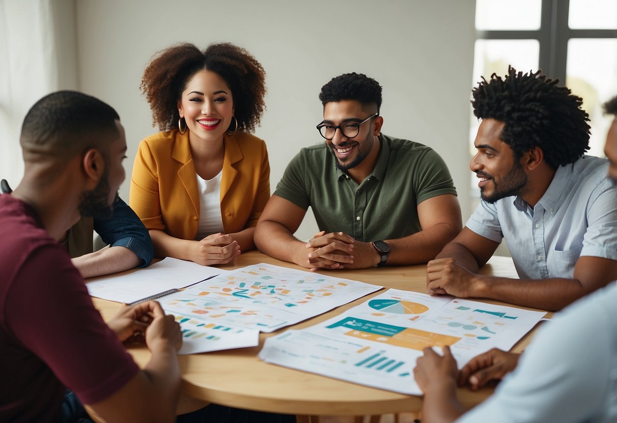 A diverse group of people engage in respectful dialogue, using visual aids and charts to discuss the impact of cultural appropriation