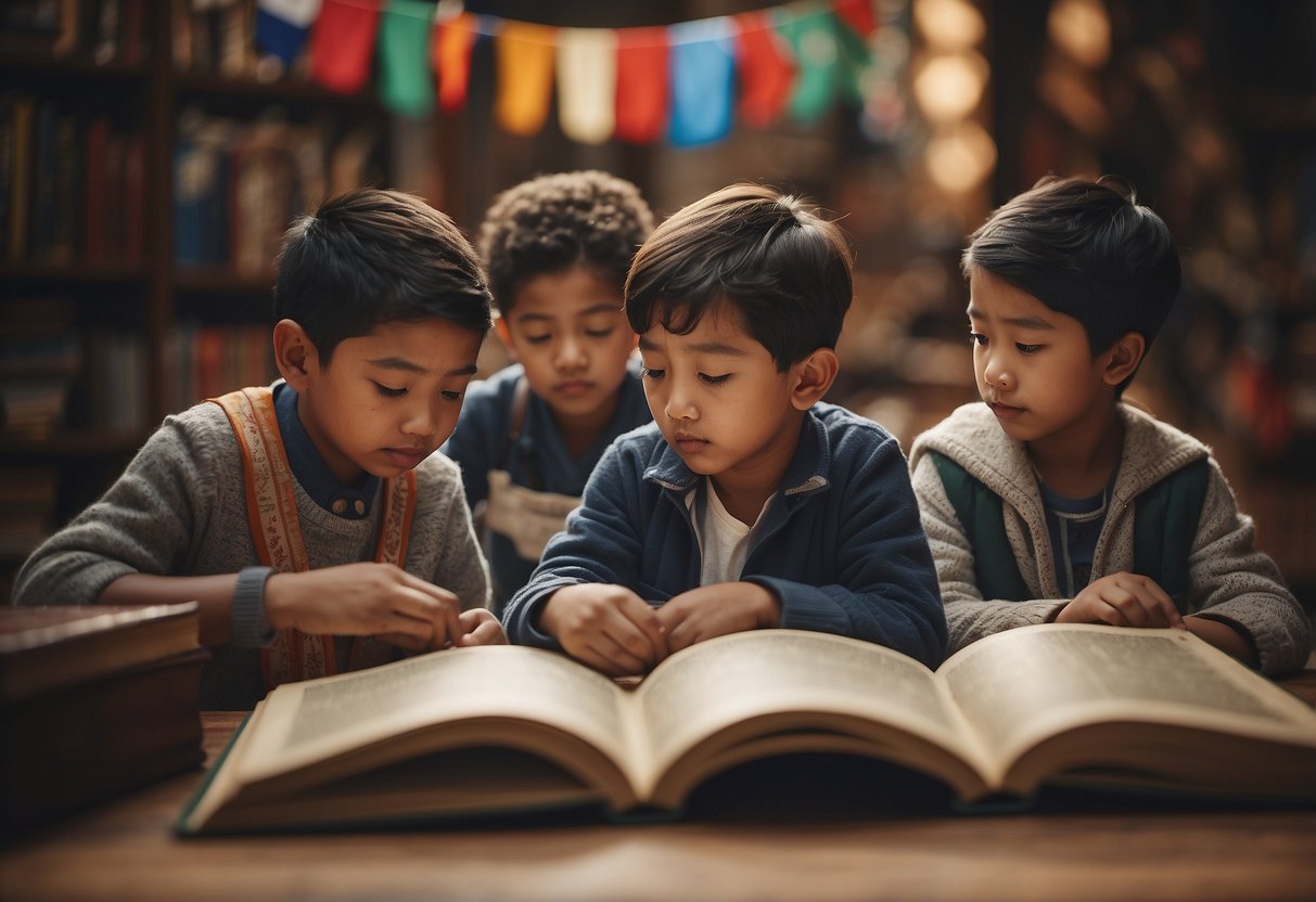 A diverse group of children reading books from different cultures, surrounded by flags and traditional artifacts