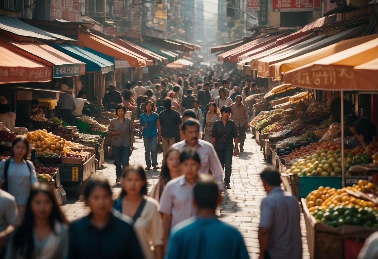 A bustling city street with diverse characters and a vibrant market, showcasing cultural sensitivity and community connection