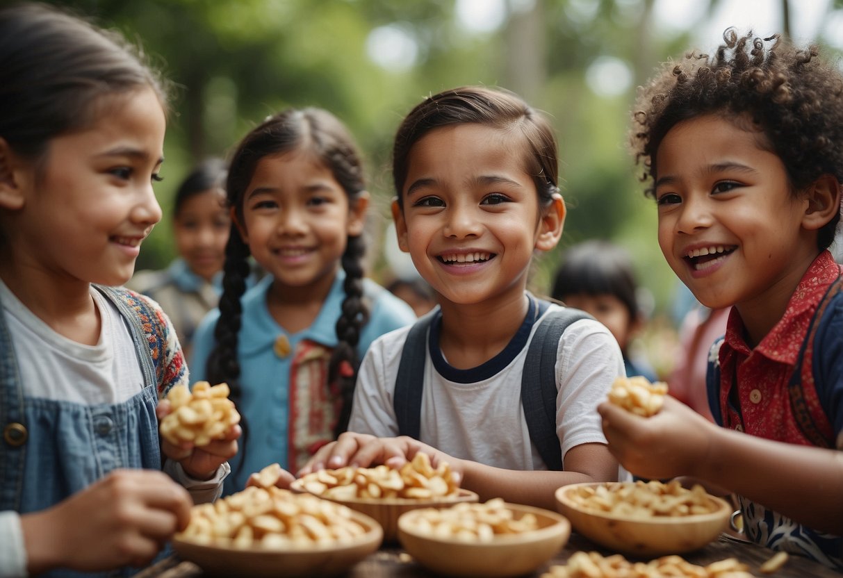 A diverse group of children from different cultural backgrounds engage in various activities, showcasing their unique traditions and customs