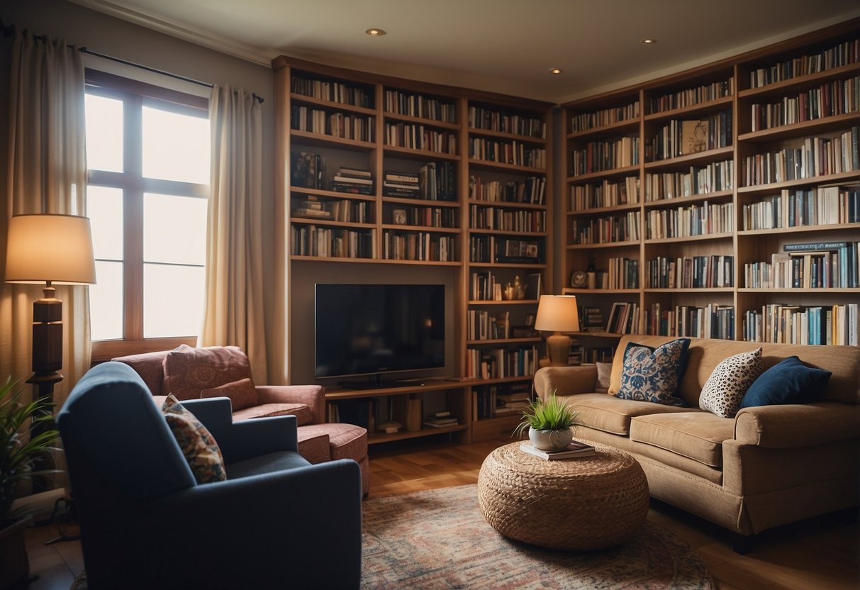 A cozy living room with a diverse bookshelf, showcasing titles like "Cultural Cues" and "Global Traditions". A family of various ethnicities sits together, reading and discussing the books