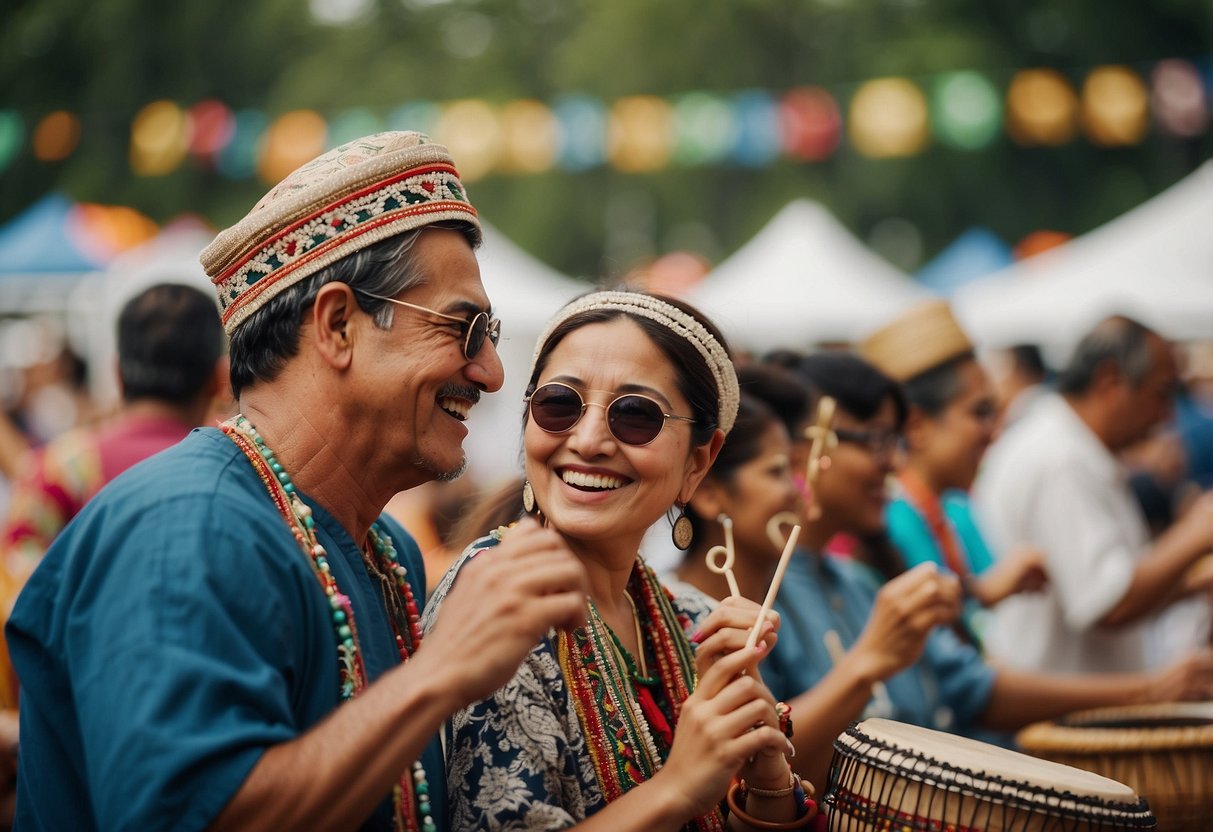 People of all ages enjoying traditional music, dance, and food at a vibrant cultural festival. Booths display art, crafts, and clothing from diverse cultures