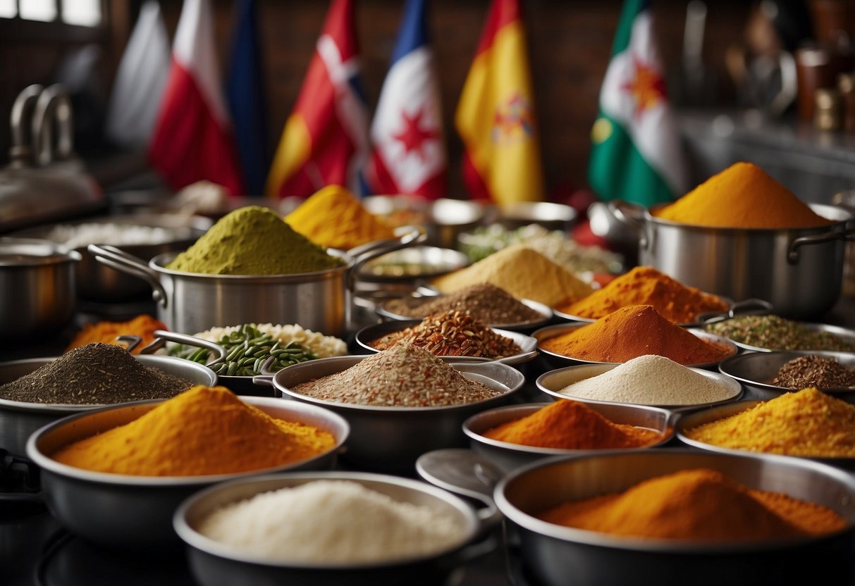 A colorful array of ingredients from different cultures sizzle in pans, as spices fill the air. Flags of various countries adorn the walls, while cooking utensils from around the world are neatly arranged on the countertops