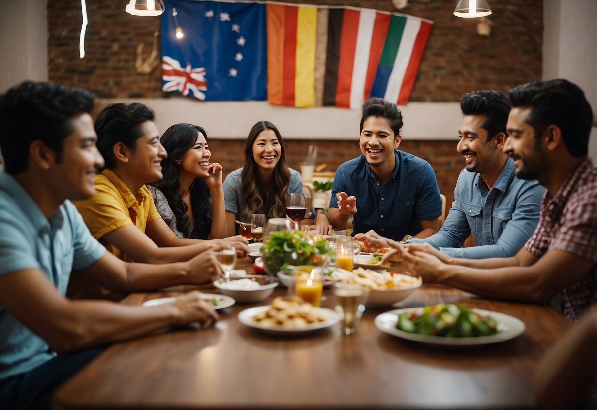 A group of people from different cultural backgrounds engage in language exchange activities, such as sharing traditional music, food, and stories. Flags from various countries decorate the room, symbolizing diversity and respect