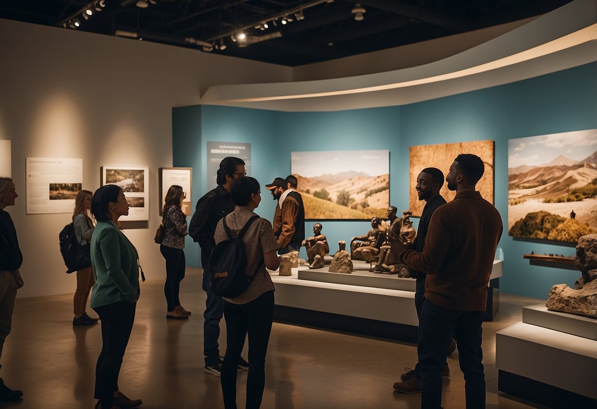 A group of diverse individuals explore exhibits at a local museum, engaging with artifacts and learning about different cultures