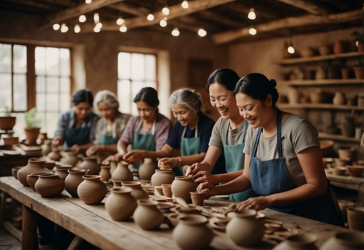 A group of people participate in traditional craft workshops, creating colorful textiles and intricate pottery. The room is filled with the sound of laughter and the smell of earthy materials